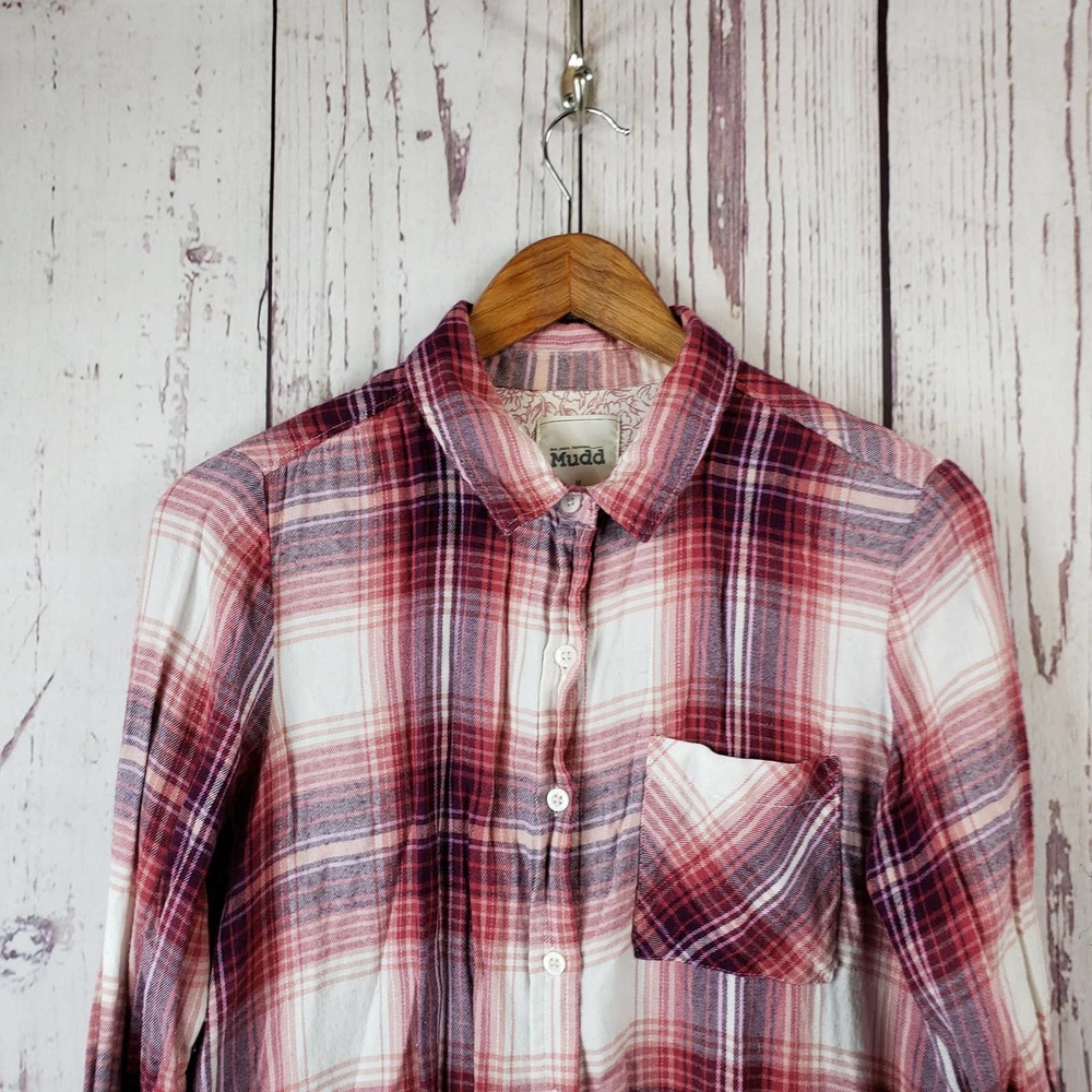 Mudd Button Down Shirt Juniors Size Medium Plaid Long Sleeve Cotton Red
